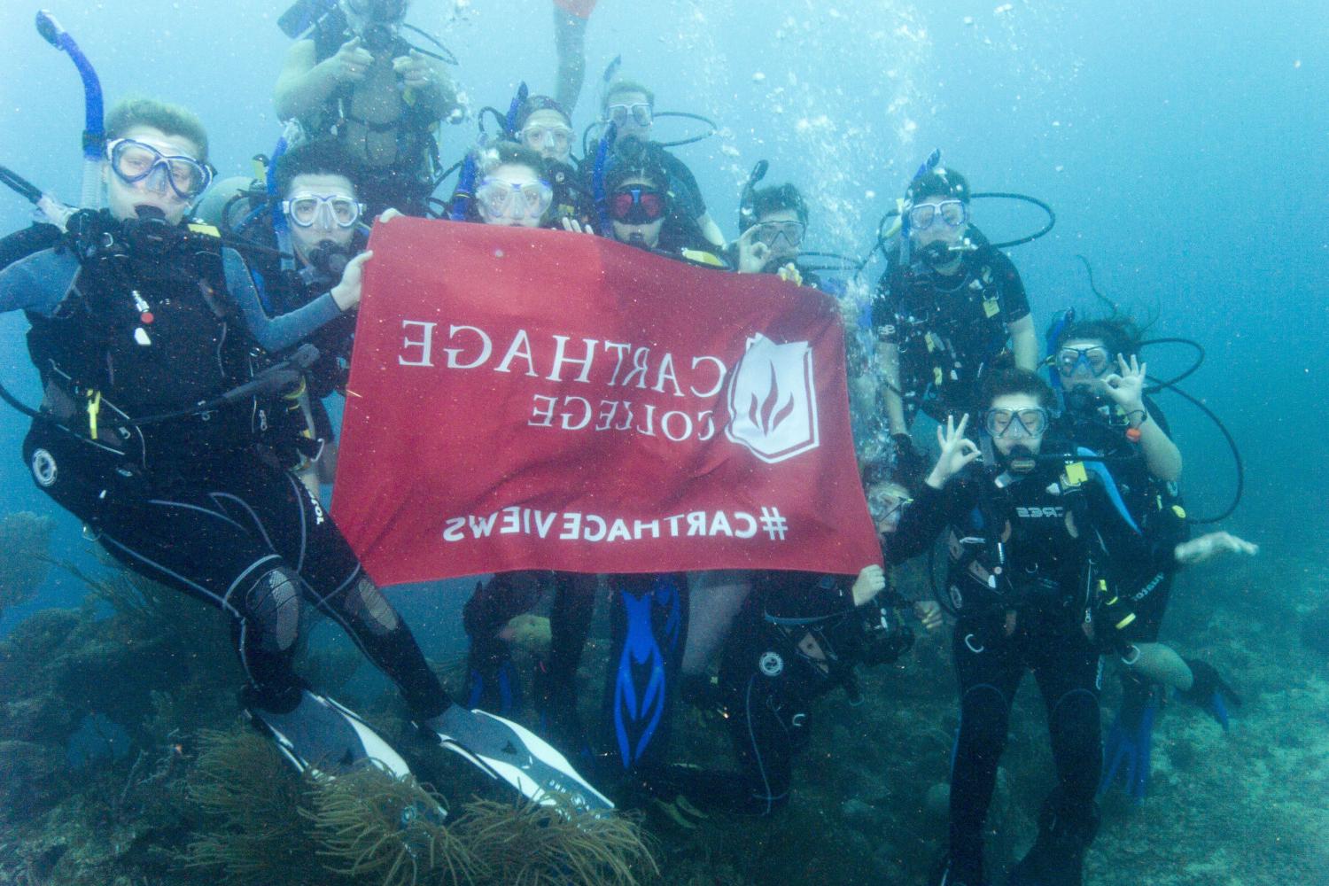 学生们手持<a href='http://lora.easycatalogo.net'>bv伟德ios下载</a>旗帜，在j学期洪都拉斯游学之旅中潜水.